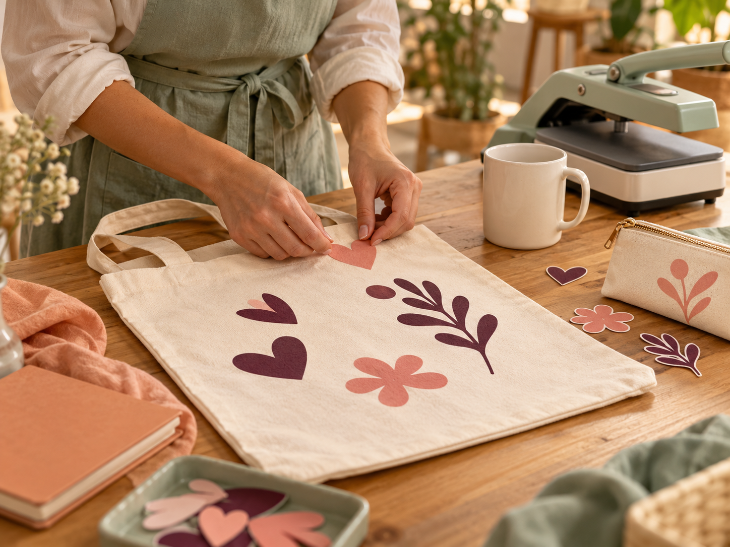 Cena ilustrativa de mãos personalizando uma ecobag em uma mesa de criação