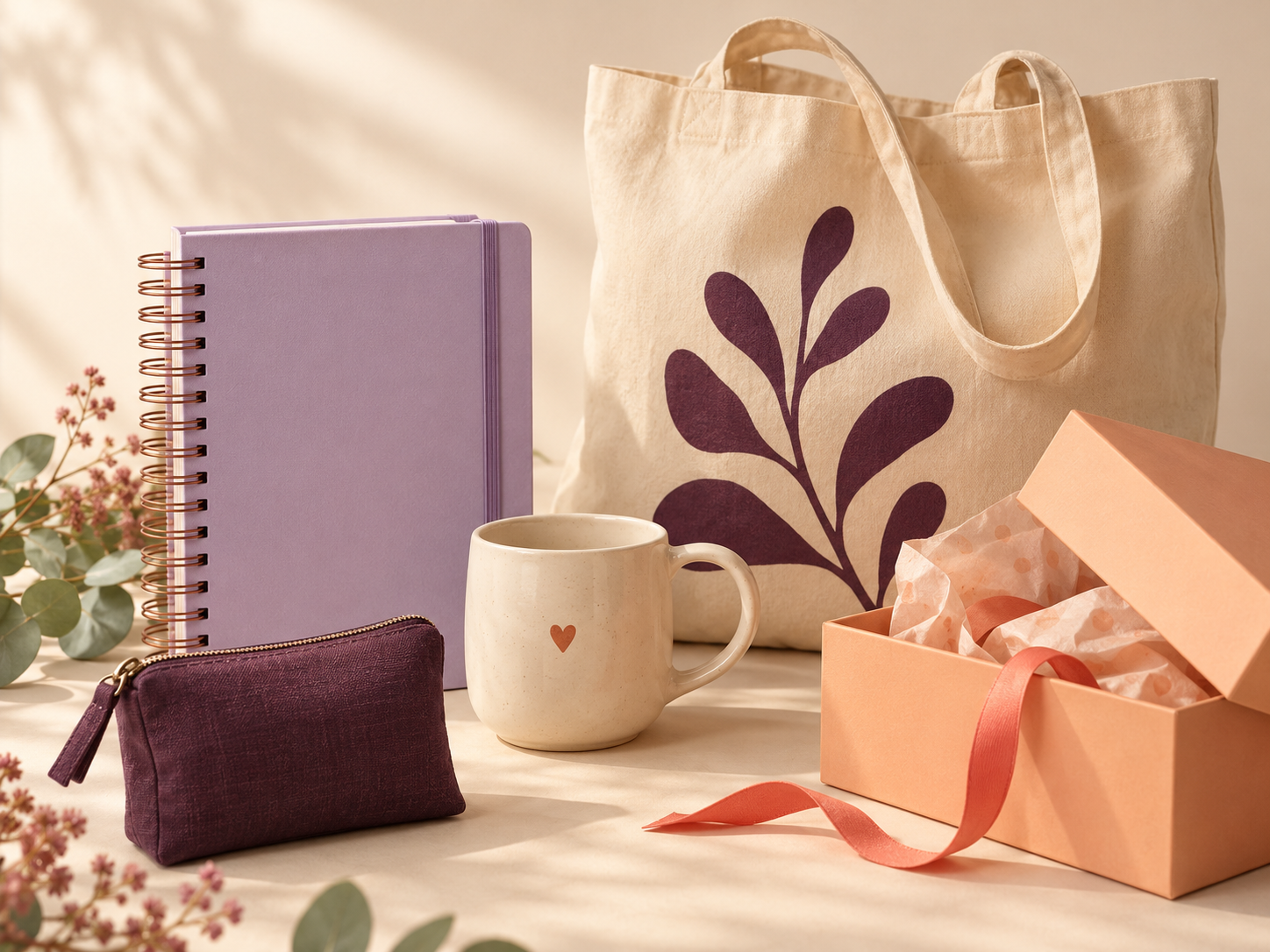 Composição ilustrativa com planner, caneca, ecobag, necessaire e caixa de presente